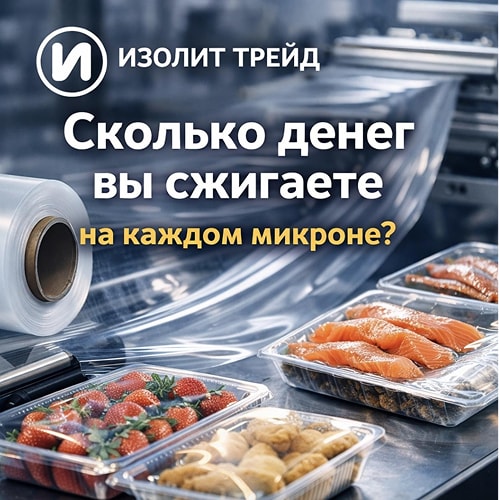 Рулон прозрачной плёнки на упаковочной линии и лотки с пищевой продукцией